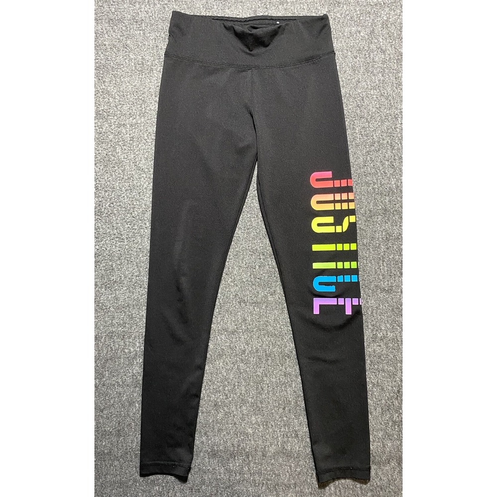 Girl's Size 10  JUSTICE Black Rainbow Glitter Logo Leggings